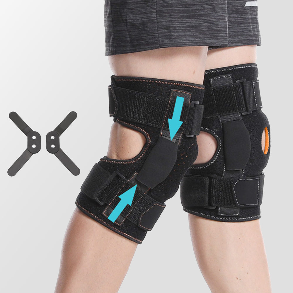Verstellbare Kniebandage mit Aluminium-Scharnieren & Silikonpolster – stabil, atmungsaktiv & flexibel für Sport und Alltag