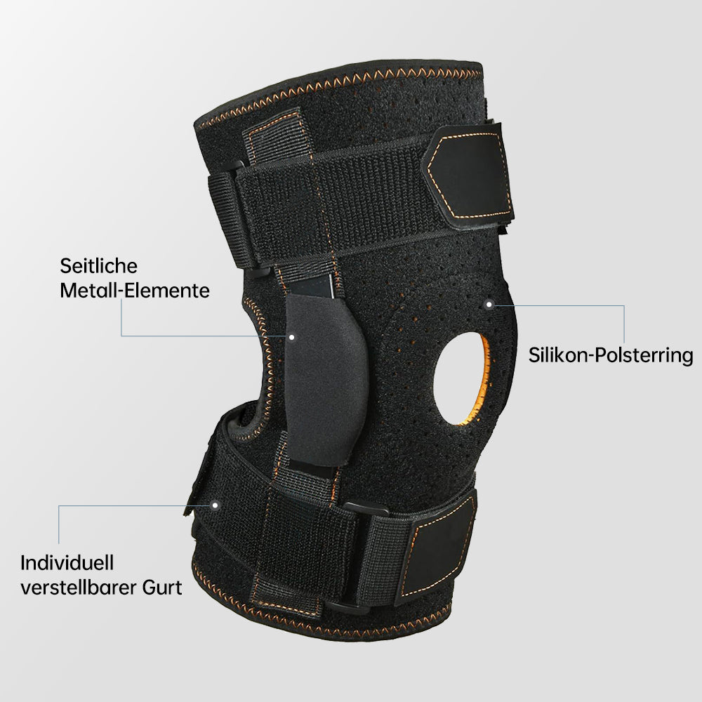 Verstellbare Kniebandage mit Aluminium-Scharnieren & Silikonpolster – stabil, atmungsaktiv & flexibel für Sport und Alltag