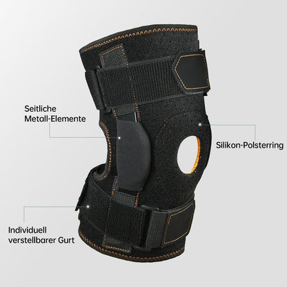 Verstellbare Kniebandage mit Aluminium-Scharnieren & Silikonpolster – stabil, atmungsaktiv & flexibel für Sport und Alltag