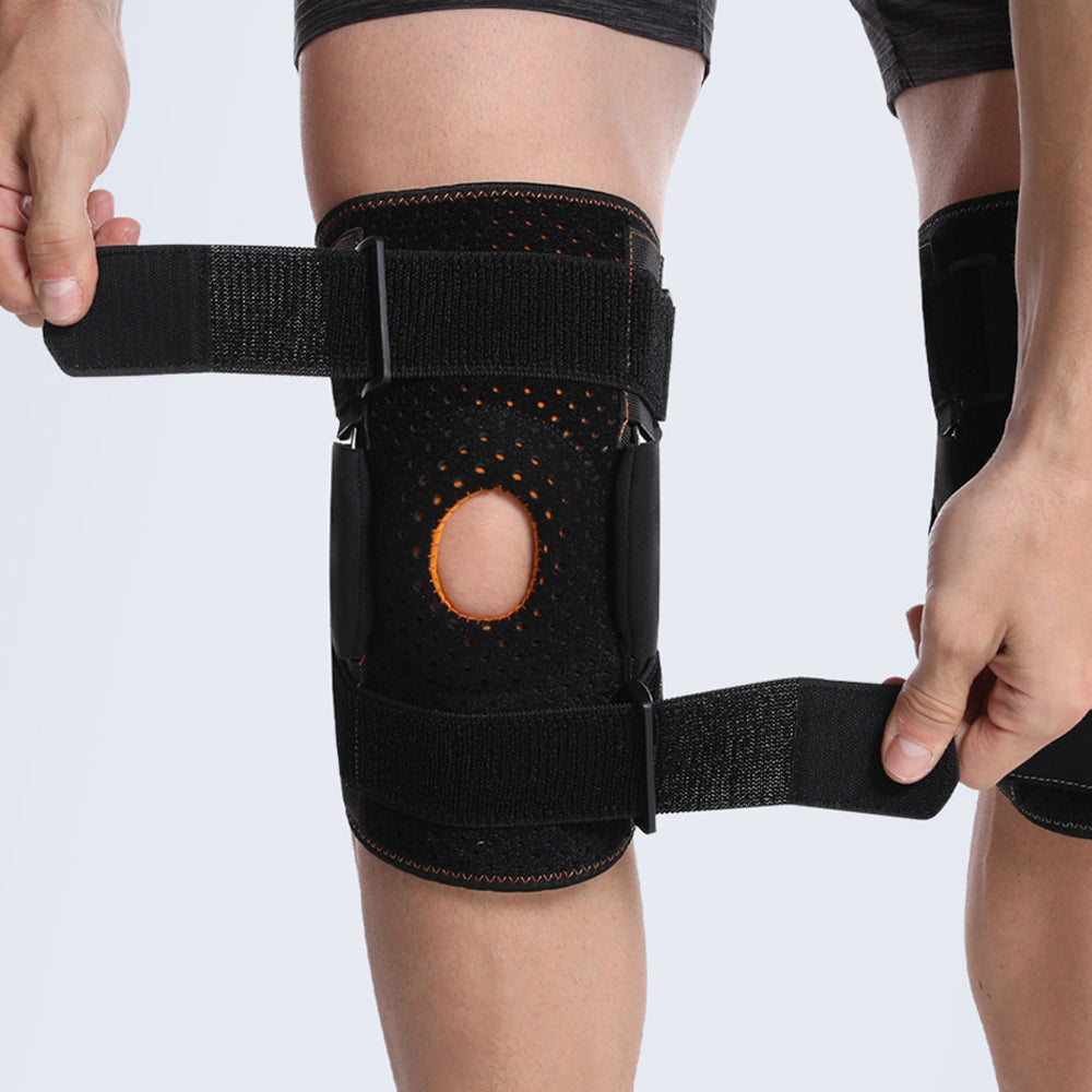 Verstellbare Kniebandage mit Aluminium-Scharnieren & Silikonpolster – stabil, atmungsaktiv & flexibel für Sport und Alltag