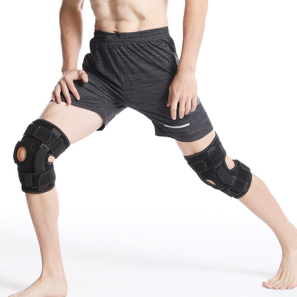 Verstellbare Kniebandage mit Aluminium-Scharnieren & Silikonpolster – stabil, atmungsaktiv & flexibel für Sport und Alltag