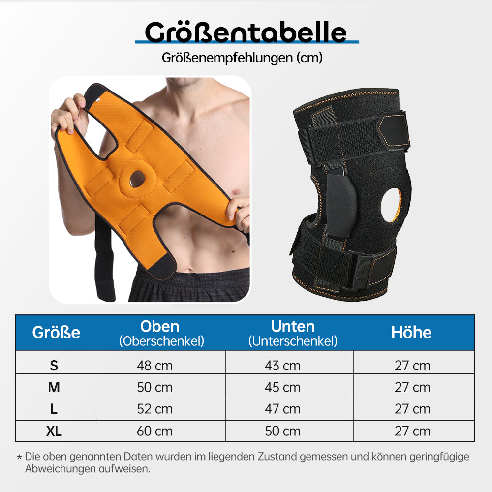 Verstellbare Kniebandage mit Aluminium-Scharnieren & Silikonpolster – stabil, atmungsaktiv & flexibel für Sport und Alltag