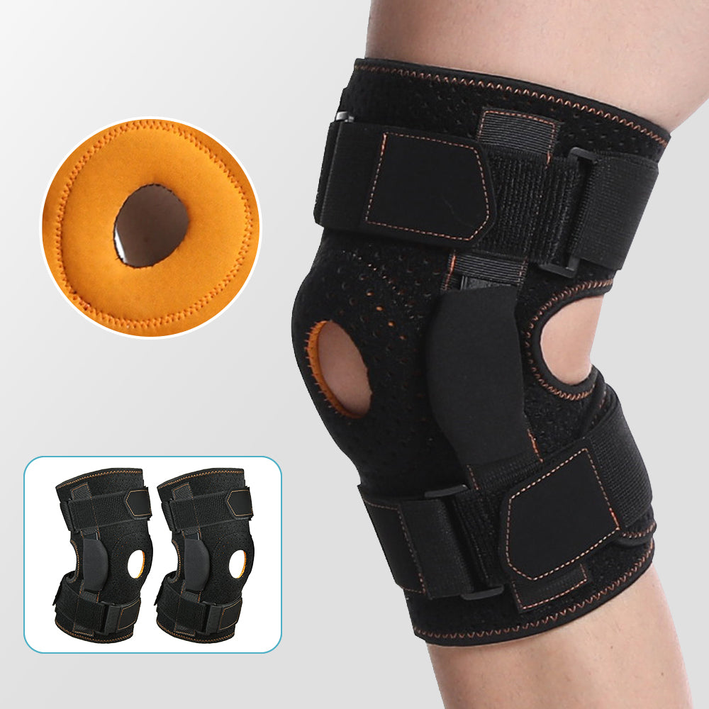 Verstellbare Kniebandage mit Aluminium-Scharnieren & Silikonpolster – stabil, atmungsaktiv & flexibel für Sport und Alltag